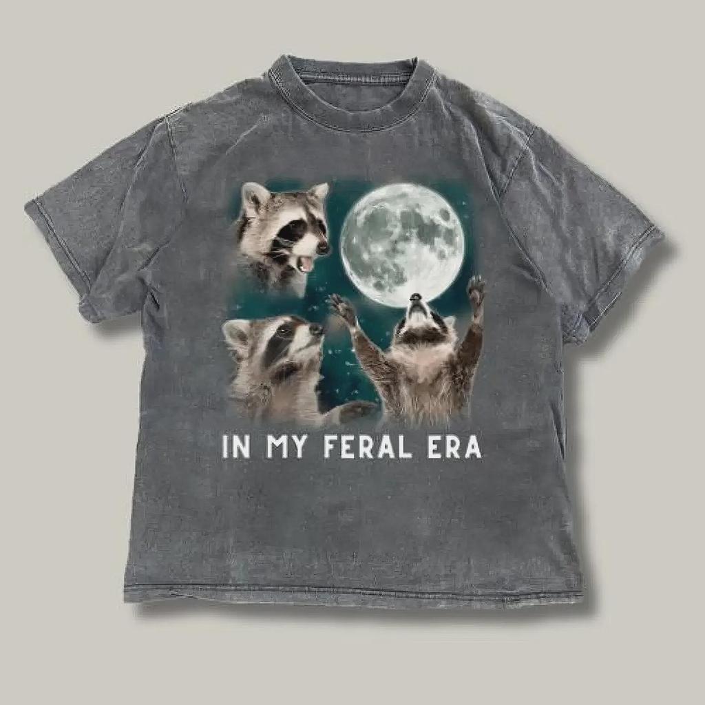 Feral Era T Shirt, Three Raccoons Retro Graphic T Shirts, Vintage Raccoon Moon T Shirt, Funny Raccon Tee, Oversized Washed Tee, Meme Shirts