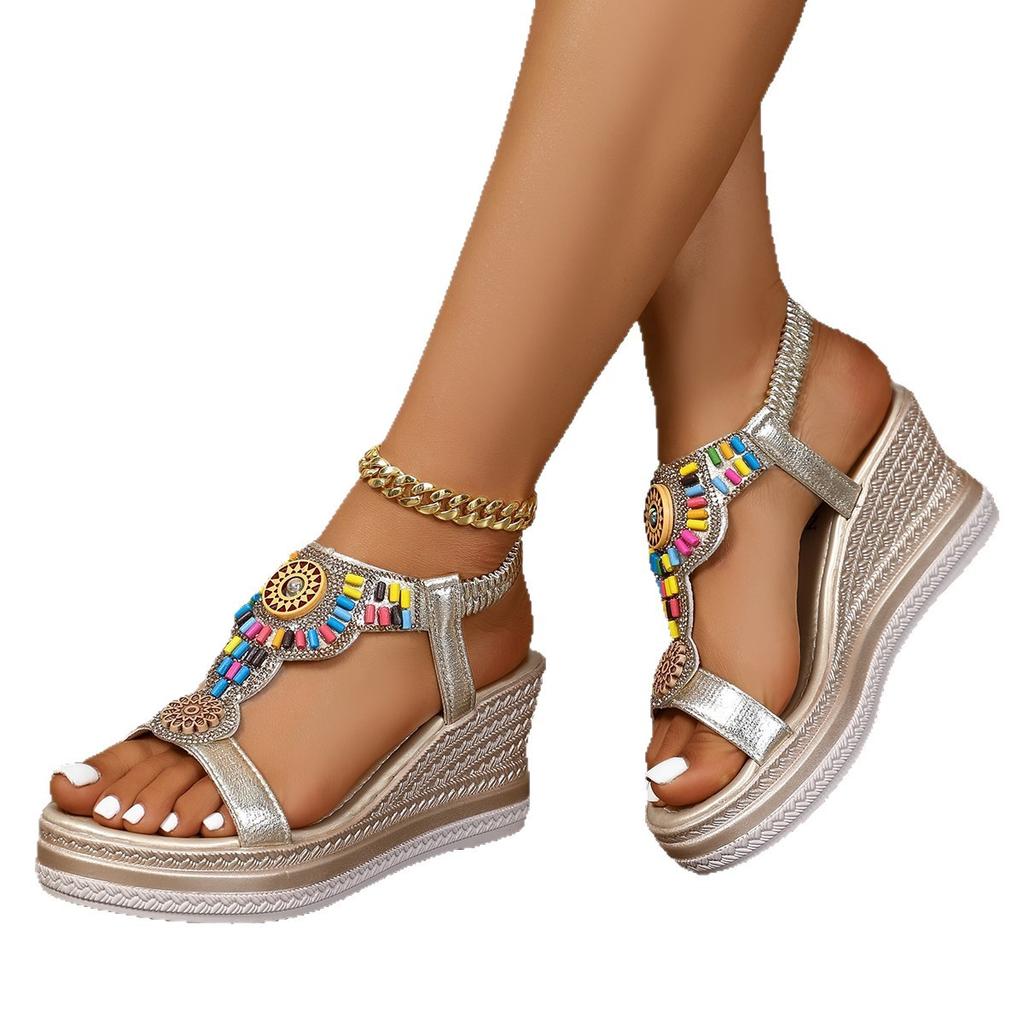 2025 Sommer Übergröße Ethno Keilsandalen Damen Reise Strand Böhmisch Retro Perlen Wortsandalen