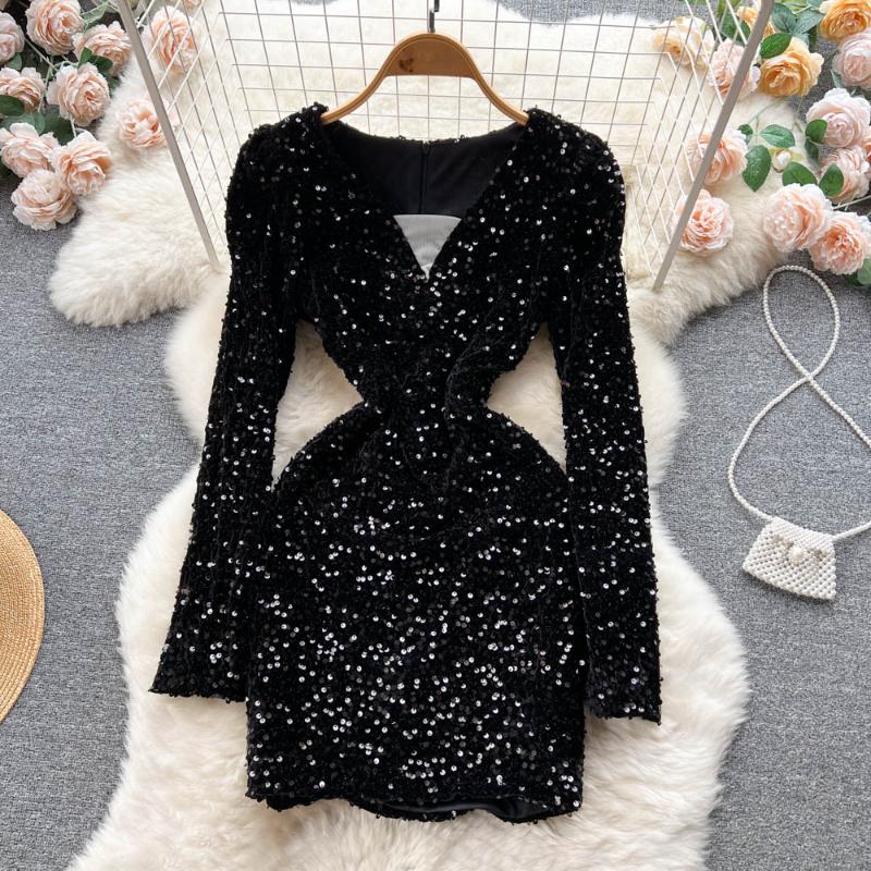 Winter Chic Sequin New One Piece Dress V-neck Long Sleeve Sexy Club Dresses Female Korean Fashion Vintage Evening Party Dress 2024