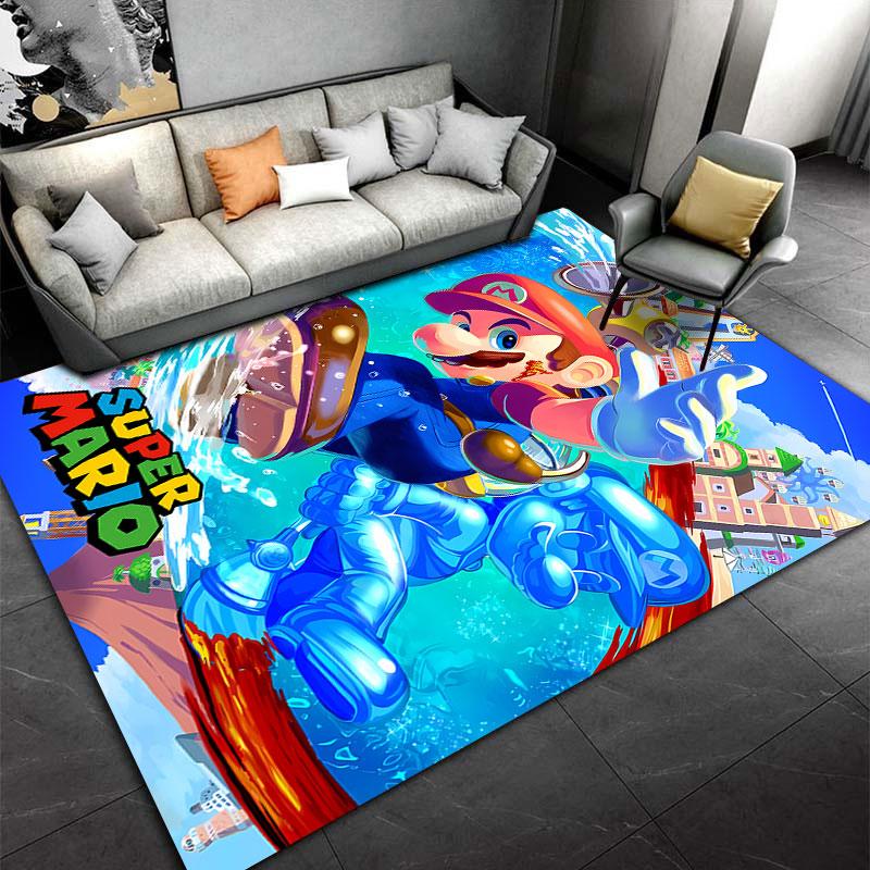 Super Mario Splashing Through Water City Scene Rug, Blue Action Cartoon Design for Everyday Comfort, Cozy Fan Rug Decor, All Seasons Gift