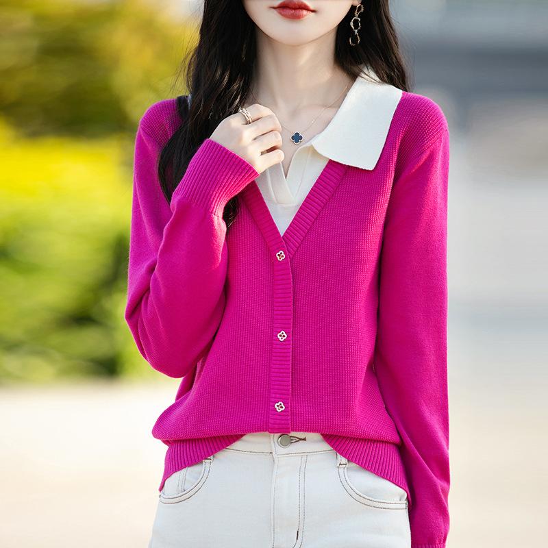 

Осенние топы женские модные рубашки свитера женские свободные тонкие лацканы трикотажные нижние рубашки XXL розы красного