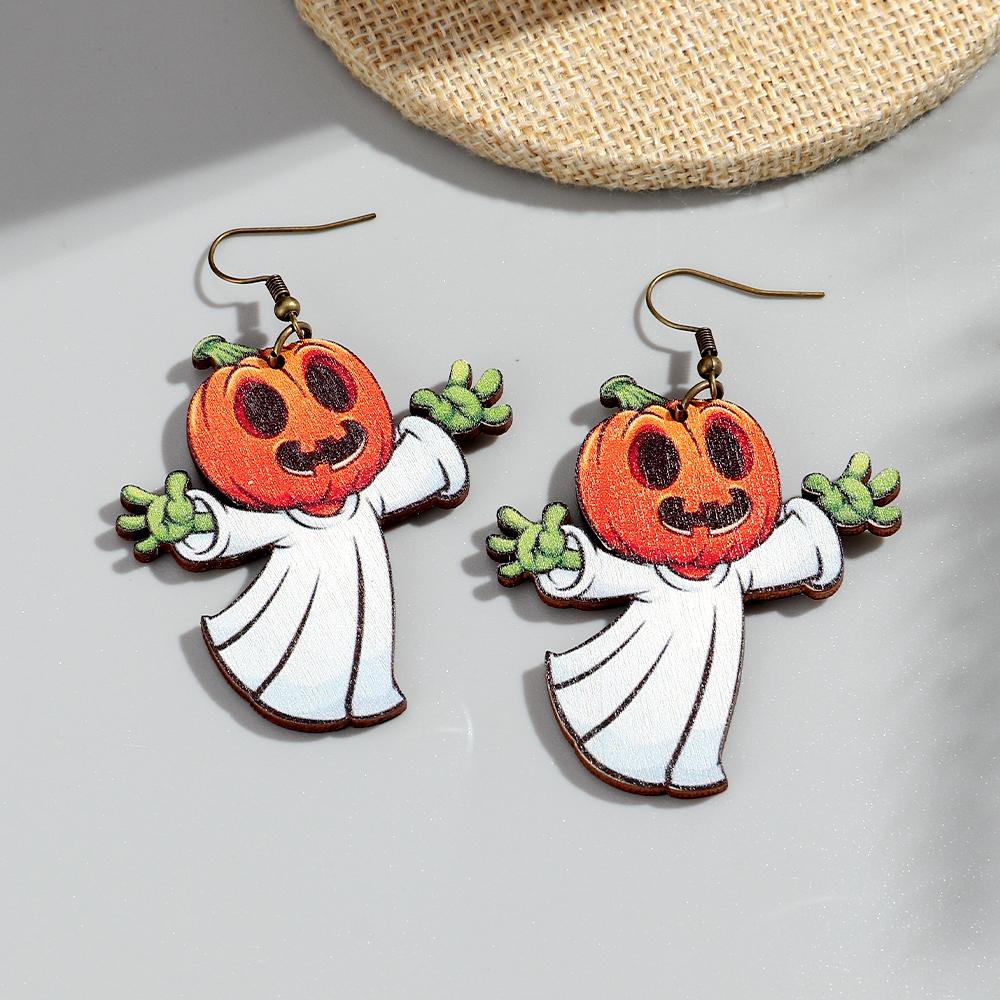 New Halloween Wooden Earrrings for Women Funny Creative Witch Ghost Pumpkin Flower Drop Earring Party Jewelry Hallowmas Gifts