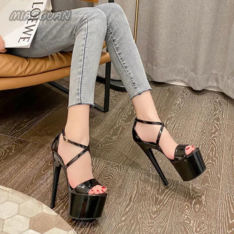 Fashion Summer Fashion Platform Cross-Tied PU Modern Sandalias Peep Toe 17cm High Heels Sandals Women 2024 Classics Rome Solid Black