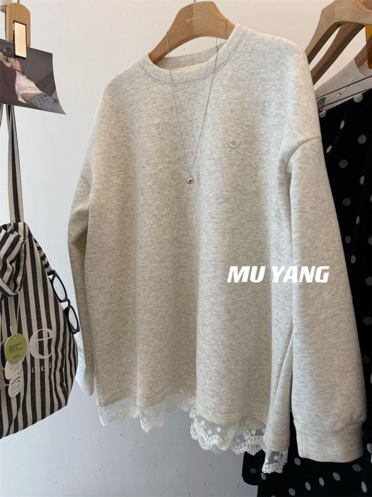 Women's Korean Lace Trim Round Neck Fleece Sweatshirt - Winter Mid-Length Loose Fit