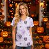 Damen V-Ausschnitt Kurzarm Kasack mit Taschen Halloween-Print Pflegekraft Uniform
