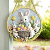 Easter Door Sign Acrylic Bunny Family Round Ornament  Hangable Spring Wall Art Hanging Pendant Happy Easter Day Party Decor