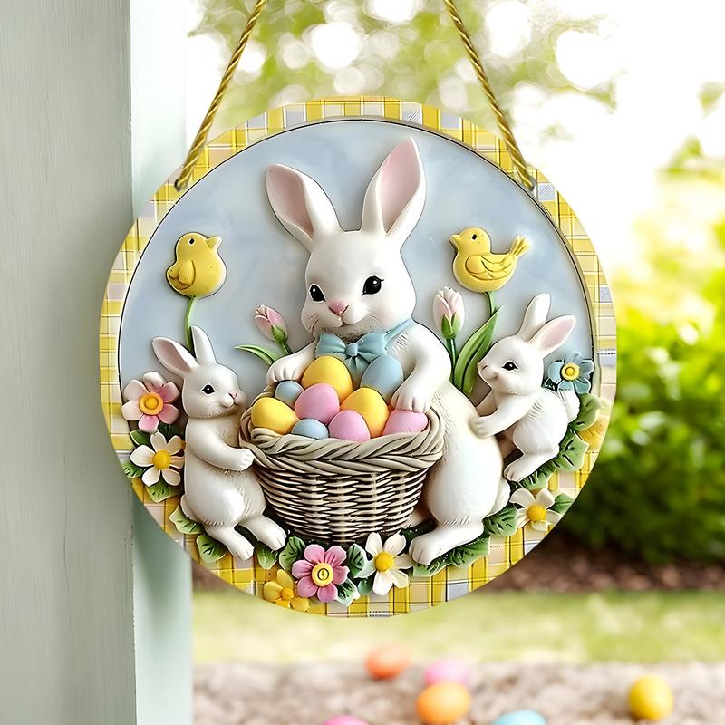 Easter Door Sign Acrylic Bunny Family Round Ornament  Hangable Spring Wall Art Hanging Pendant Happy Easter Day Party Decor