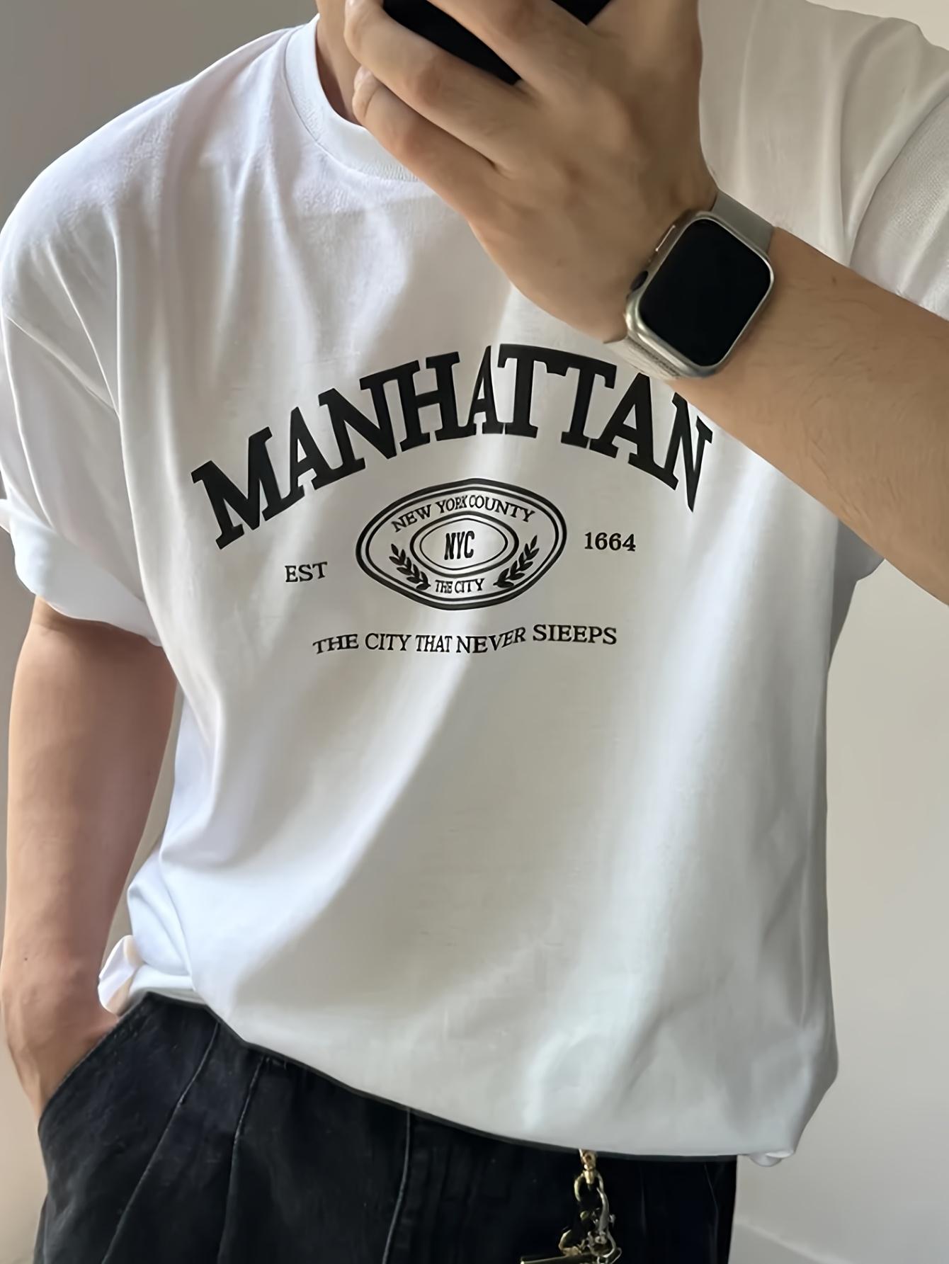 Men s Soft Cotton Manhattan Graphic T-Shirt - Short Sleeve Round Neck Tee Suitable for - Wear with Manhattan Skyline L