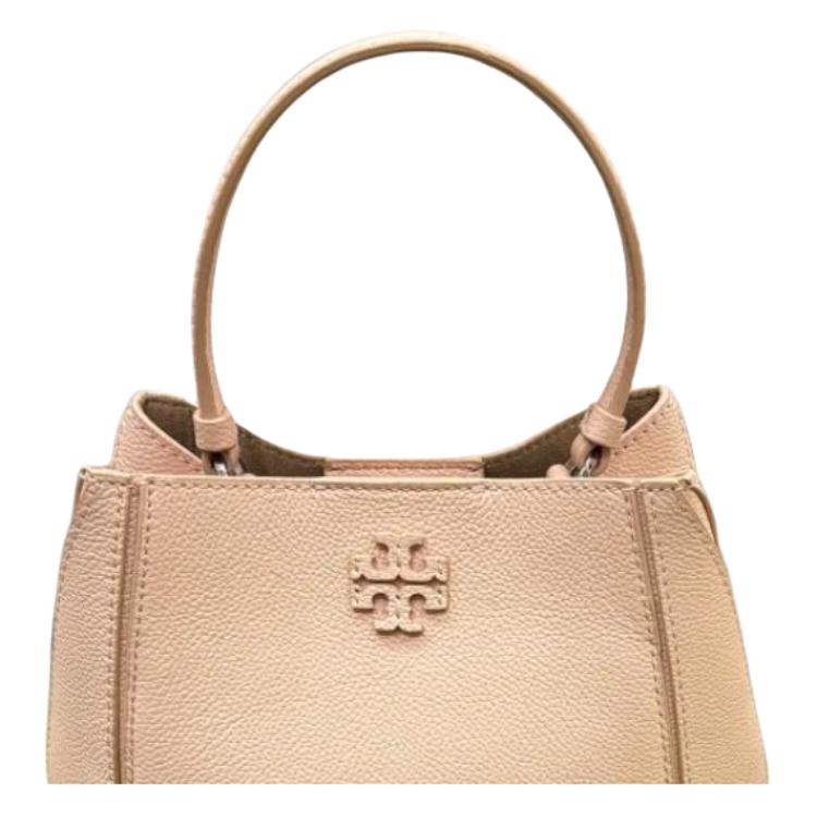 Tory Burch Mcgraw Iconic Double T Logo Handcrafted Elegant Stitching Adjustable Detachable Crossbody Strap Leather Bucket Bag Tote Small 158500-650