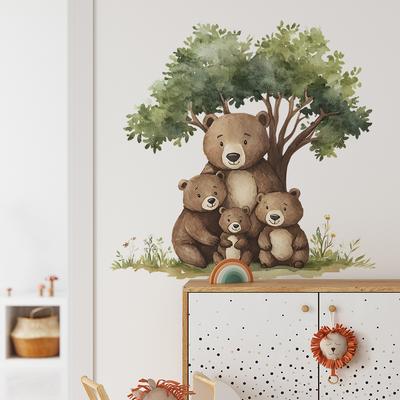 Entzückende Cartoon-Bärenfamilie Wandaufkleber Verspielte Eltern- und Babybären, Selbstklebende Wanddeko für Kinderzimmer, Kinderzimmer und Flur