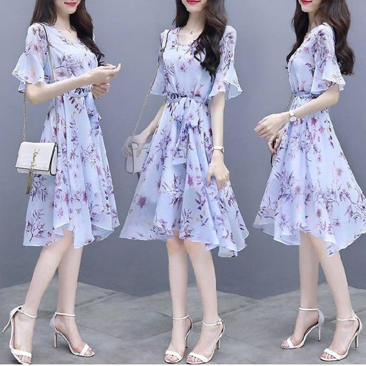 Printed Temperament Dress Women's Summer New Korean Version Long Dress Waist Thin Fairy Dress Medium and Long Skirt