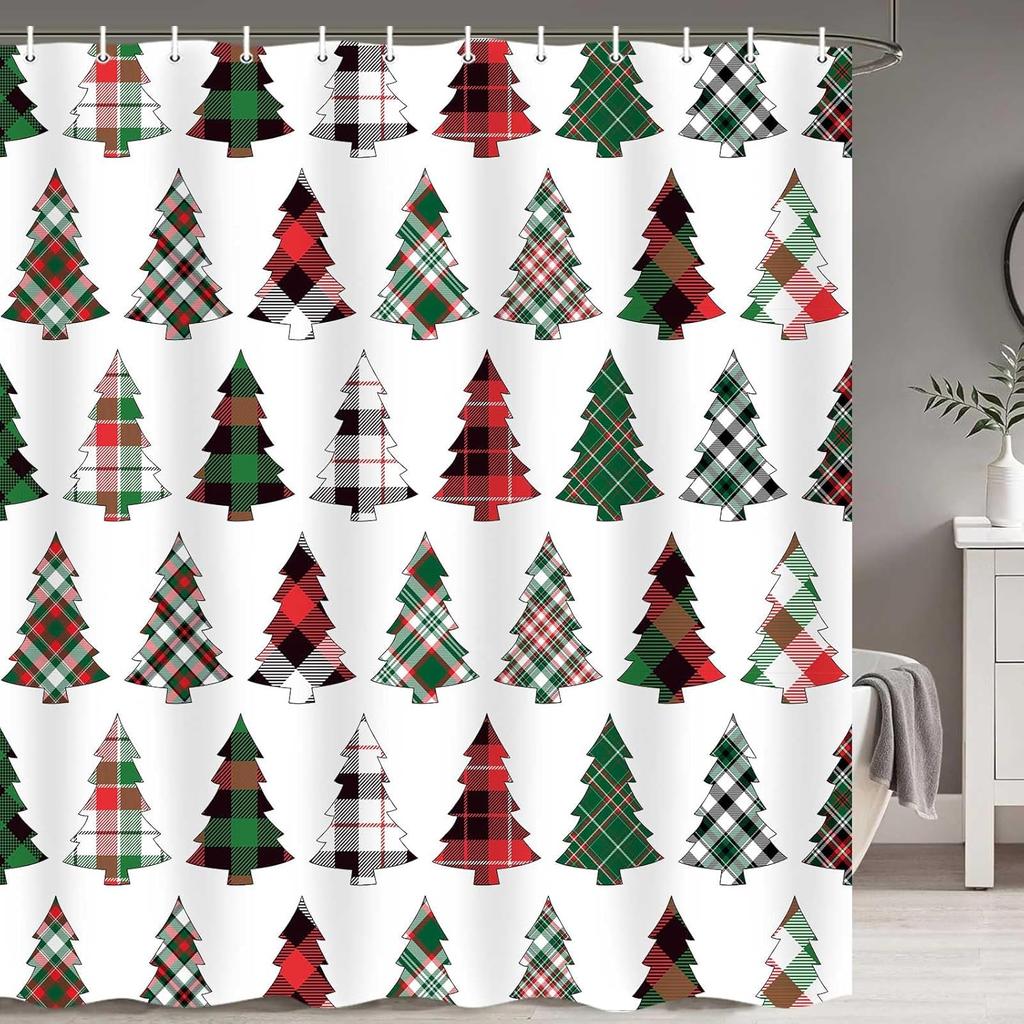 Christmas Tree Shower Curtain Set With Holiday Pattern, Waterproof Winter Bathroom Decor Includes Hooks For Xmas Theme