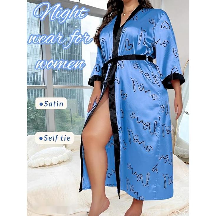 Women's Plus Size Valentines Robe, Sexy Satin Robe Long Sleepwear