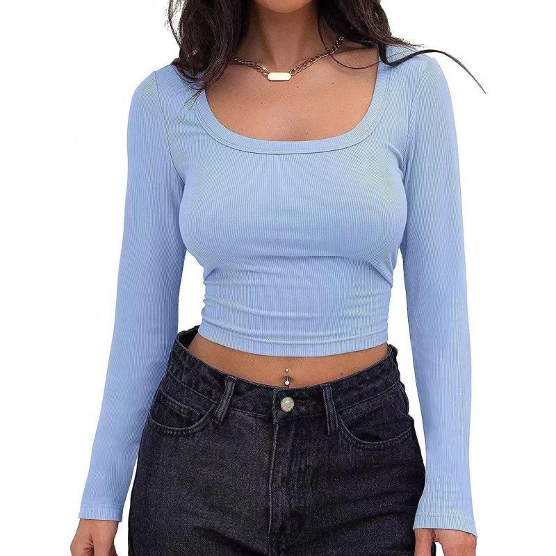 Spring women's tops slim fit short long sleeve square neck T-shirt for hot girls casual and versatile
