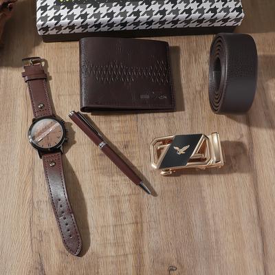 Best-selling Internet Celebrity Three-eyed Fashion Men's Leather Belt Quartz Watch   Pen   Belt   Wallet 4-piece Gift Box Set