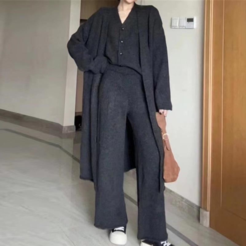 Vest Cardigan Wide-leg Pants Three-piece Casual Style Set Autumn and Winter New Solid Color Sweater