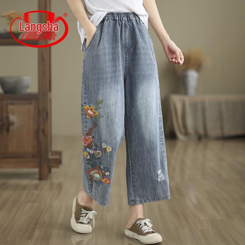 

LangSha Women s Embroidered Straight-Leg Cropped Jeans M