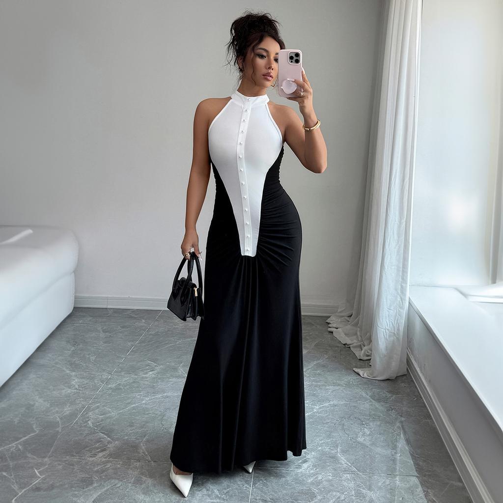 Cross-border European and American elegant style fashion color matching hip-wrapped dress dress women's clothing autumn and winter independent