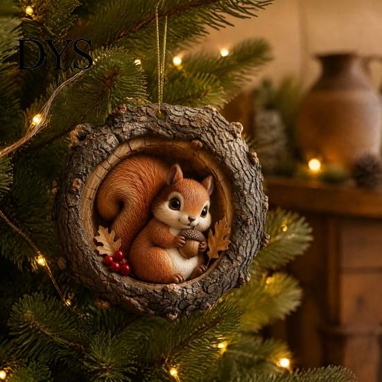 Christmas Tree Pendant Hole Animal Acrylic Ornament, Owl Fox Raccoon Bird Hedgedog Holiday Party Decorations Squirrel Pinecone Pendant, Seasonal