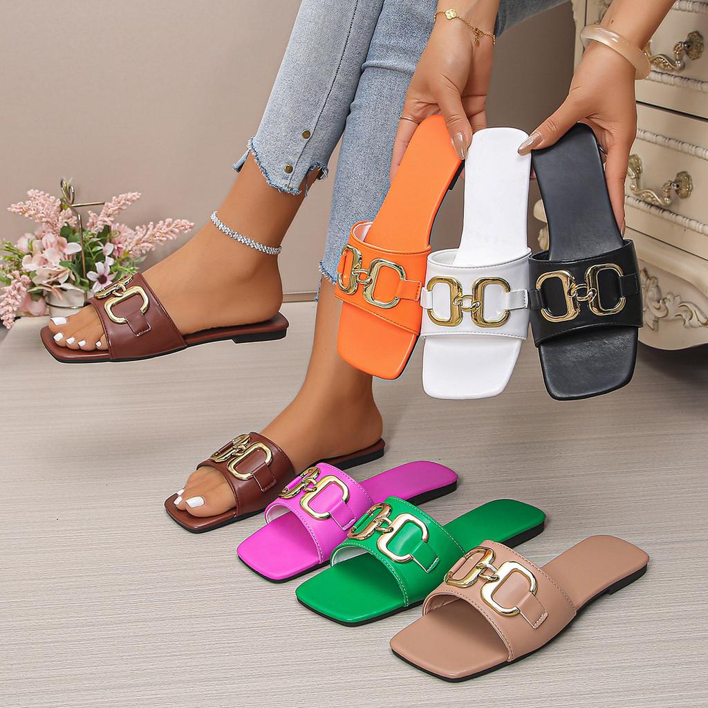 Metal Chain Flat Sandals For Women Summer Casual Nonslip Rubber Sole Comfortable Shoes