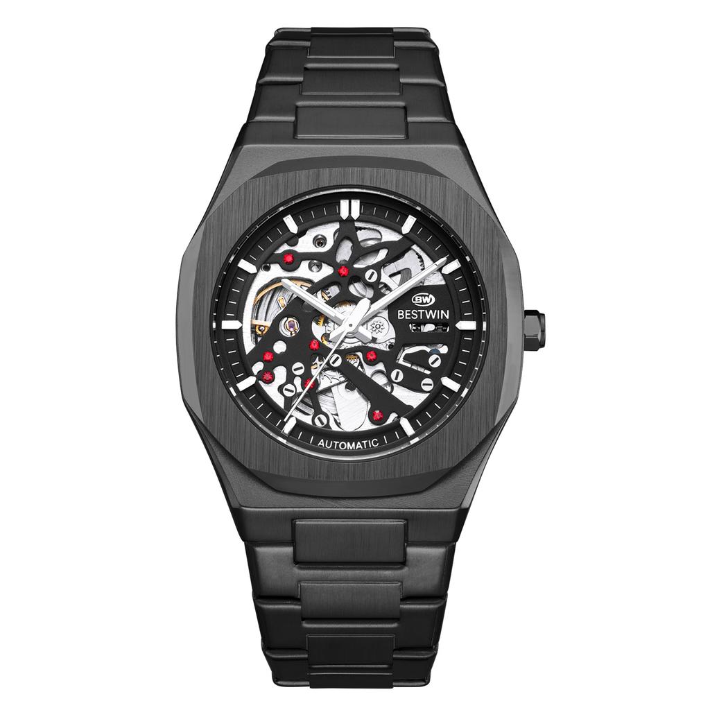 Automatic Mechanical Watches for Men Skeleton Hollow Dial Luminous Wrist Watch Steel Strap Square Case Watch Waterproof