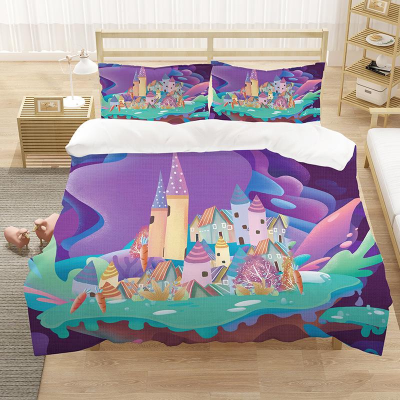 Cartoon King Queen Duvet Cover Painted Art Style Bedding Set for Kids Teens Adults Purple Girl Cat 2/3pcs Polyester Quilt Cover