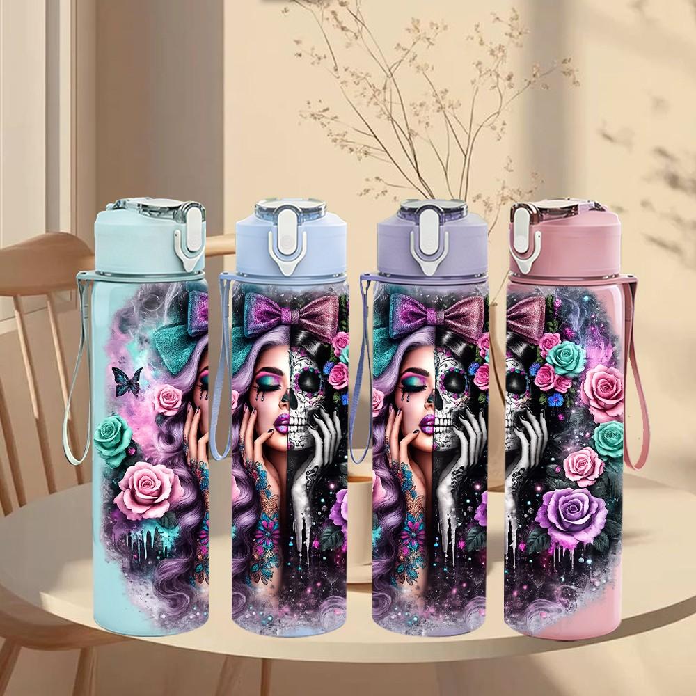 1PC Dark Flower Lady Portrait Print 750ml Color Plastic Sports Water Bottle Leakproof Flip Straw Lid Suitable for Sports Office Home Use