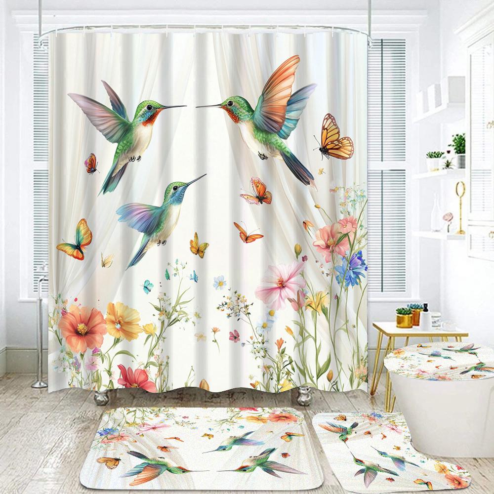 

Waterproof Shower Curtain Set Beautiful Flowers And Plants Bath Rug And Mats With Hooks Toilet Seat Cover Bathroom Decoration W60H190(CM)-1 Pcs