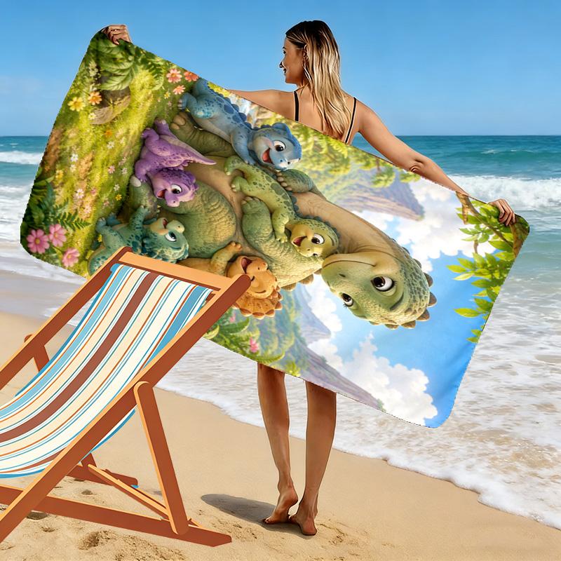 Dinosaurs Cartoon Print Beach Towel, Large Soft Quick Dry Towel for Beach Camping Swimming