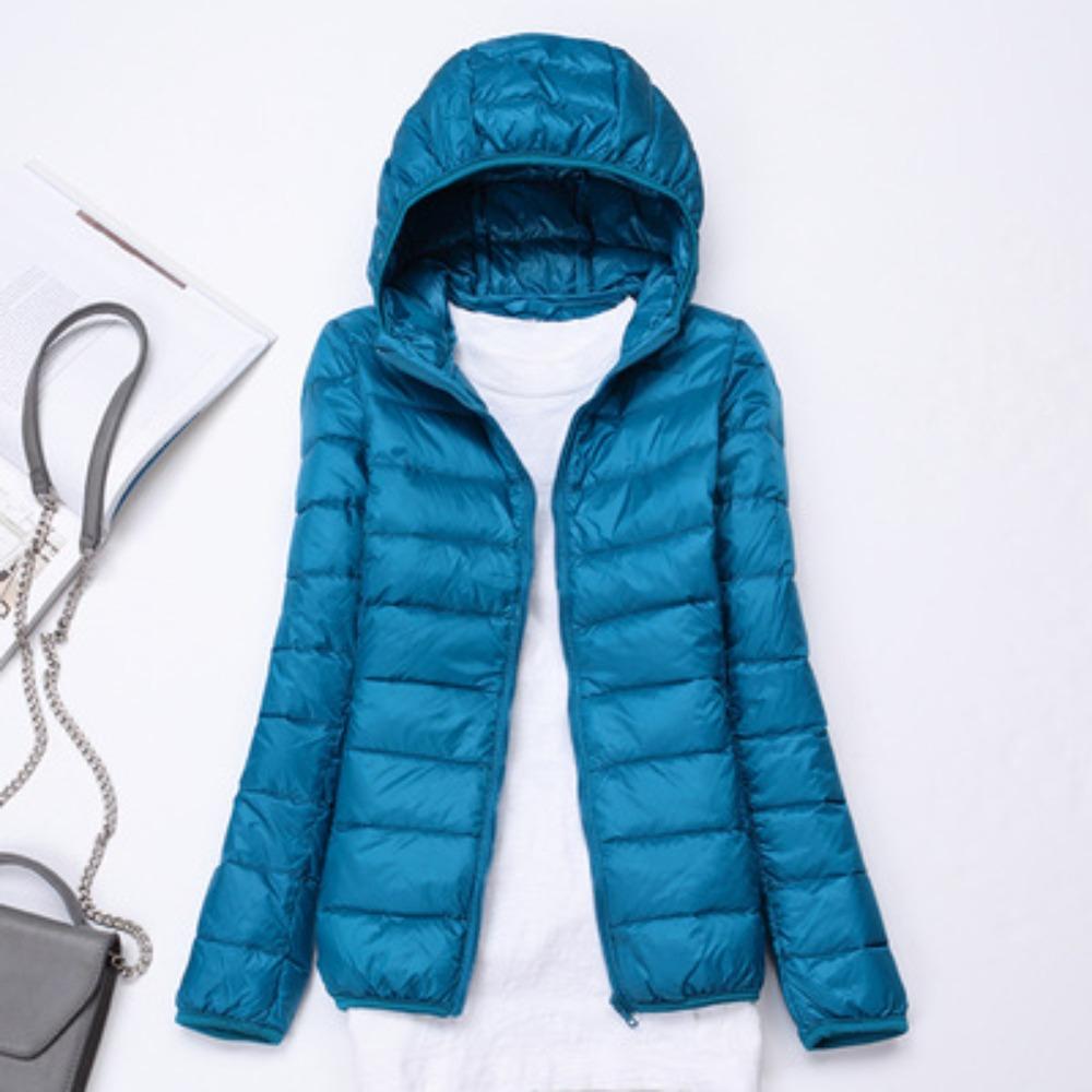 Women's Hooded Long Sleeve Puffer Jacket Slim Fit Lightweight White Duck Down Winter Coat