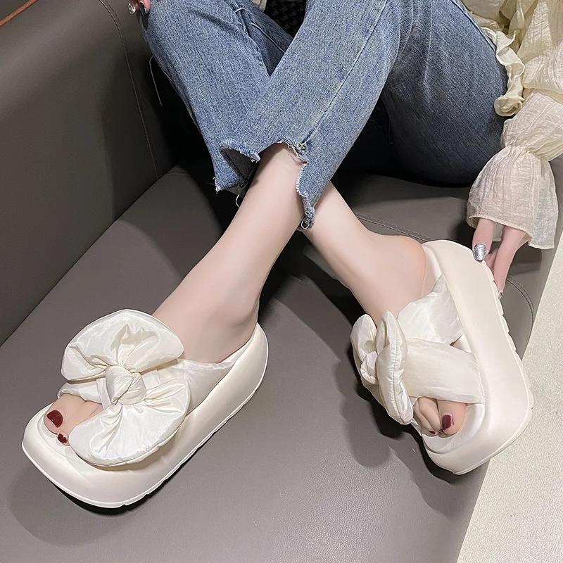 Kawaii Platform Sandals Women Summer Thick Bottom Shoes 7CM Wedges Heels Casual Sandals Comfortable Black Bowknot Slippers