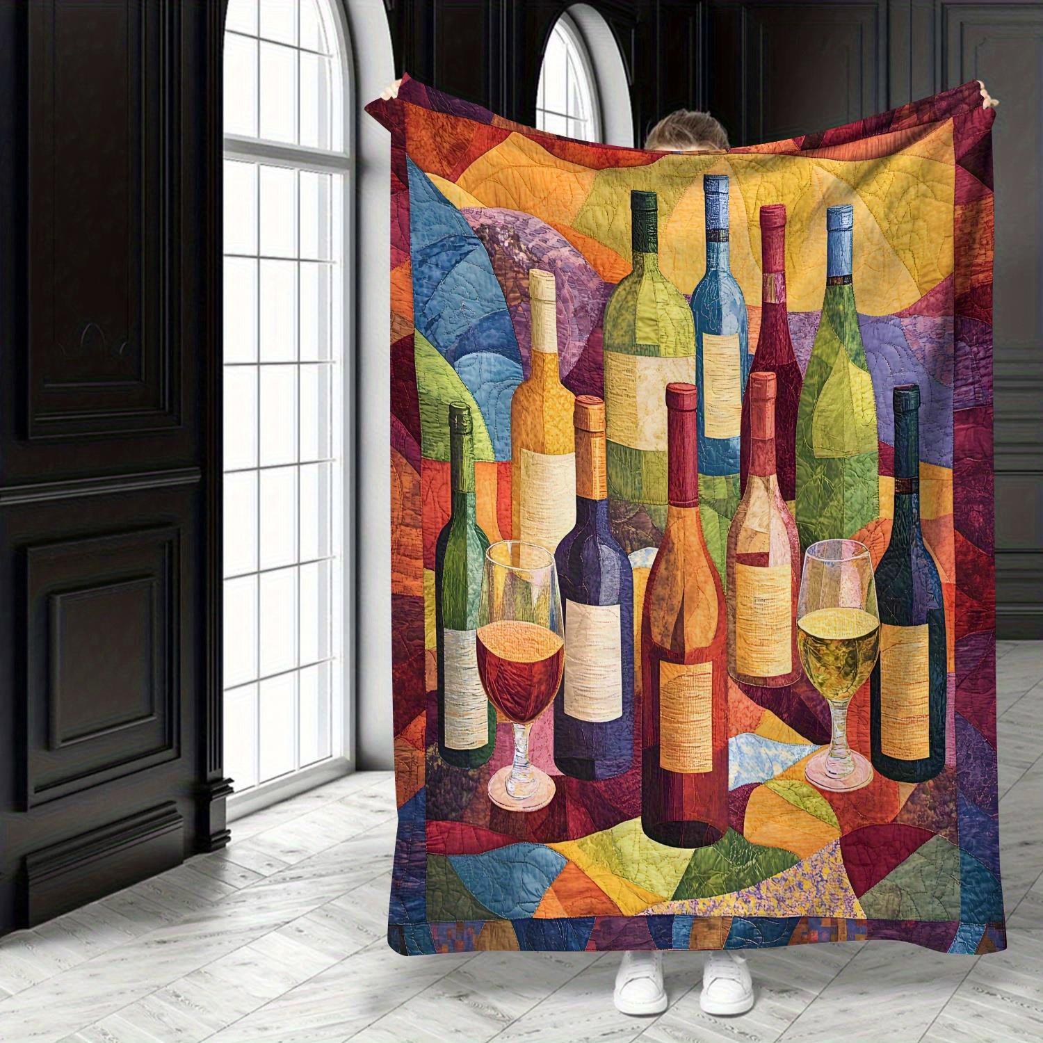 

Colorful wine bottle pattern Flannel printed blanket suitable for all seasons suitable for living room office sofa and travel 75x100cm