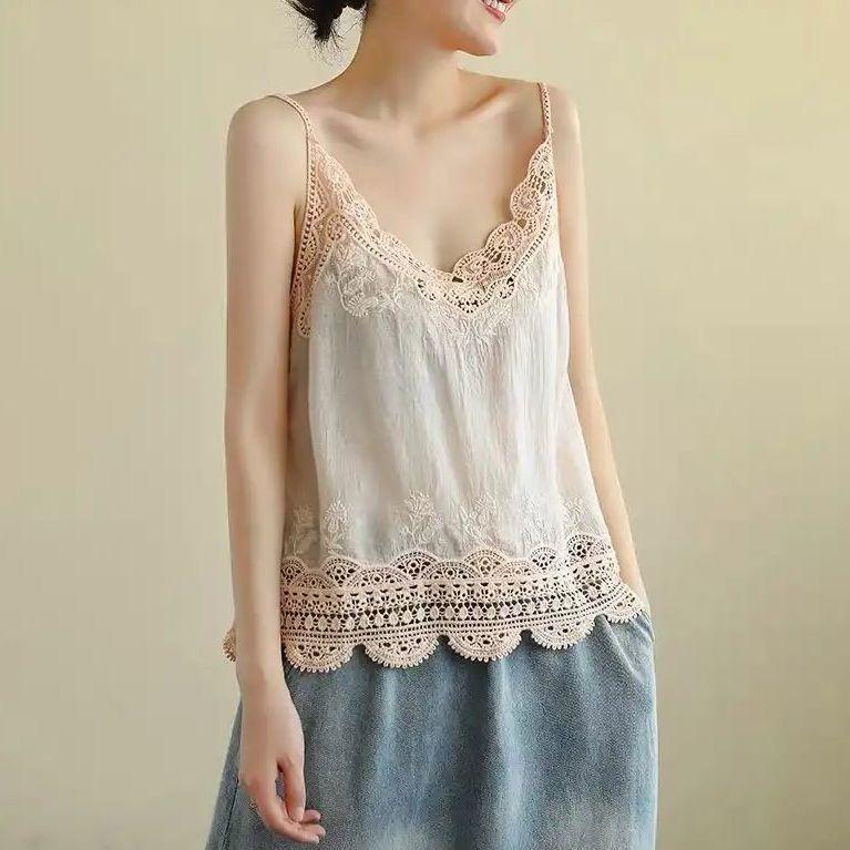 Summer Vintage Lace Hollowed Out Hook and Loop Cotton Vest Thin Camisole Top Sleeveless Inner and Outer