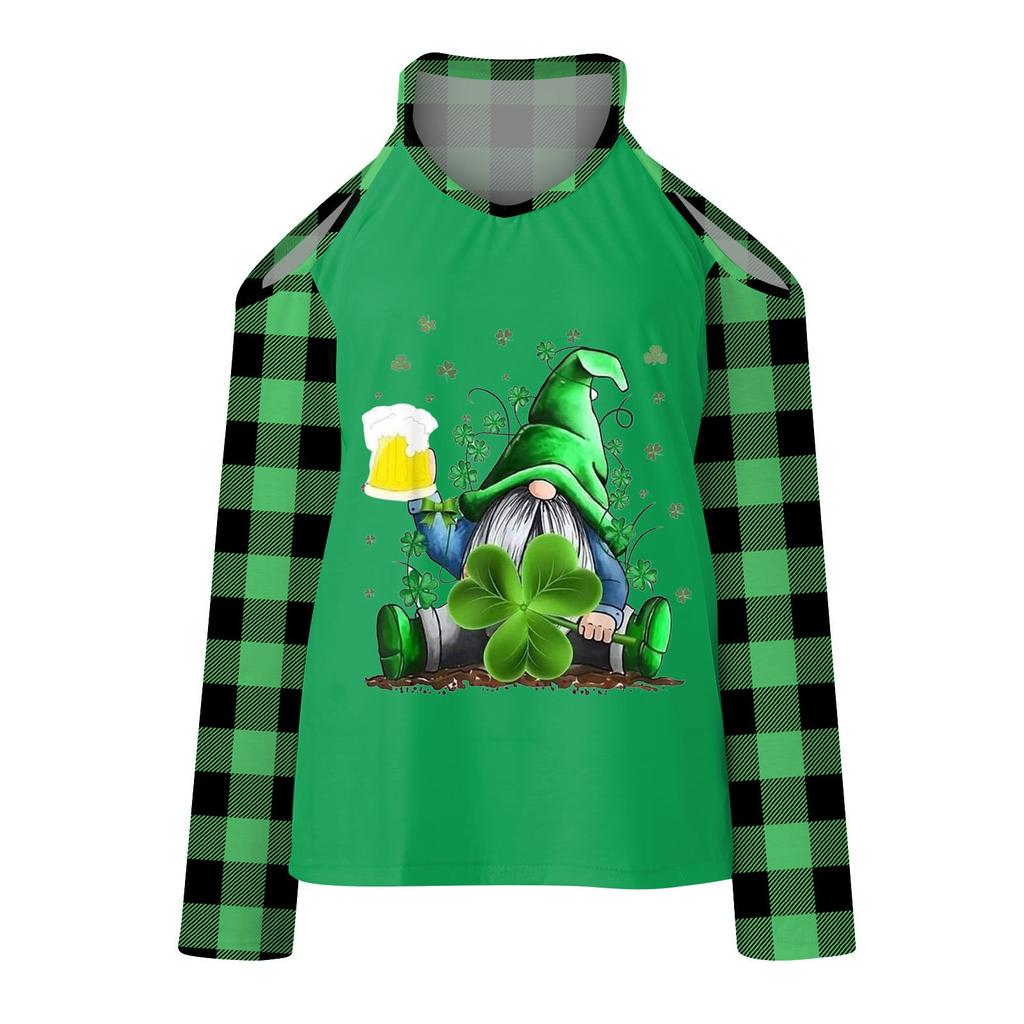 Mode féminine décontractée col en V St. Haut t-shirt à manches longues et épaules dénudées imprimé Saint-Patrick
