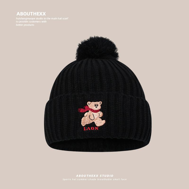 Cute Bear Meladeka Knitted Wool Hat Women's New Winter Warmth Thickened Face Protecting Small Ear Protecting Ball Hat