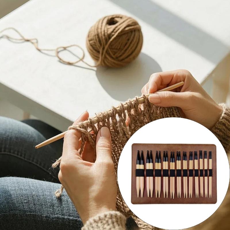 12Pairs Wood Knitting Needle 3.5-10mm Interchangeable Circular Knitting Needle Set with Storage Bag for Sweaters Scarves