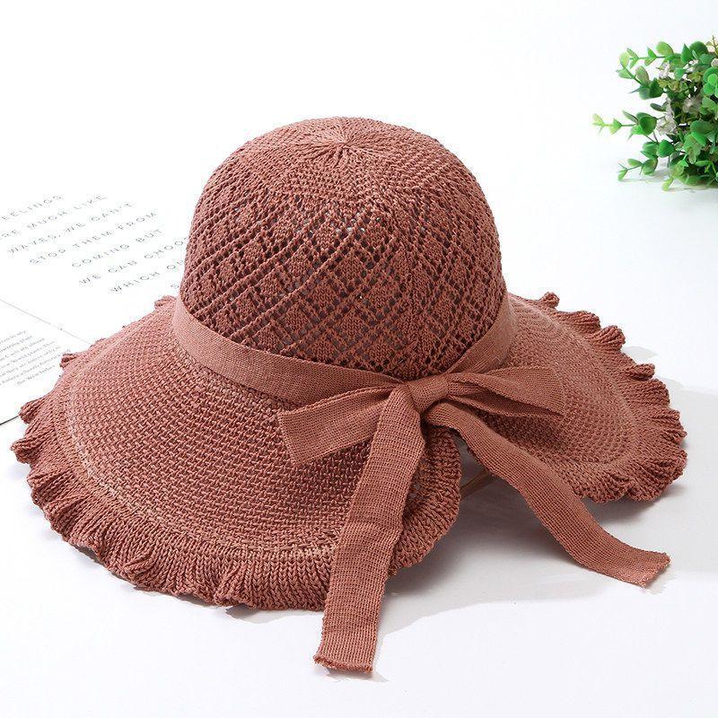 Women's Fringe Edge Crochet Sun Hat Wide Brim UV Protection Summer Hat with Bow Breathable Foldable Beach Hat