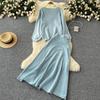 Women's Brown Knit Set with Round Neck Top and High-Waist Midi Skirt