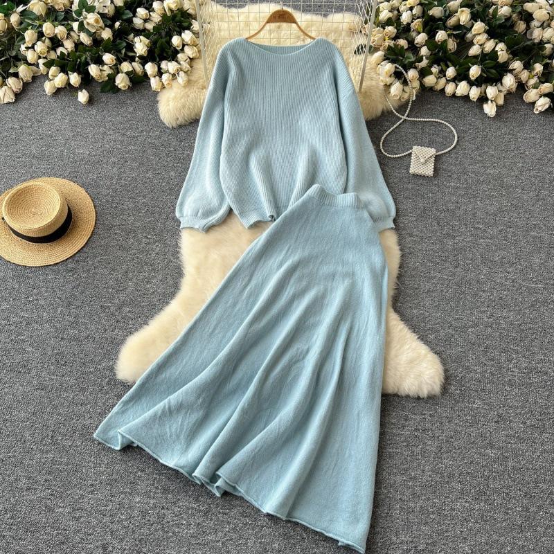 Women's Brown Knit Set with Round Neck Top and High-Waist Midi Skirt