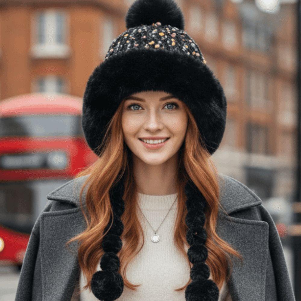 Fleece Lined Pompom Braids Hat Fur Brim Fur Trim Trapper Fleece Knit Beanie Teens