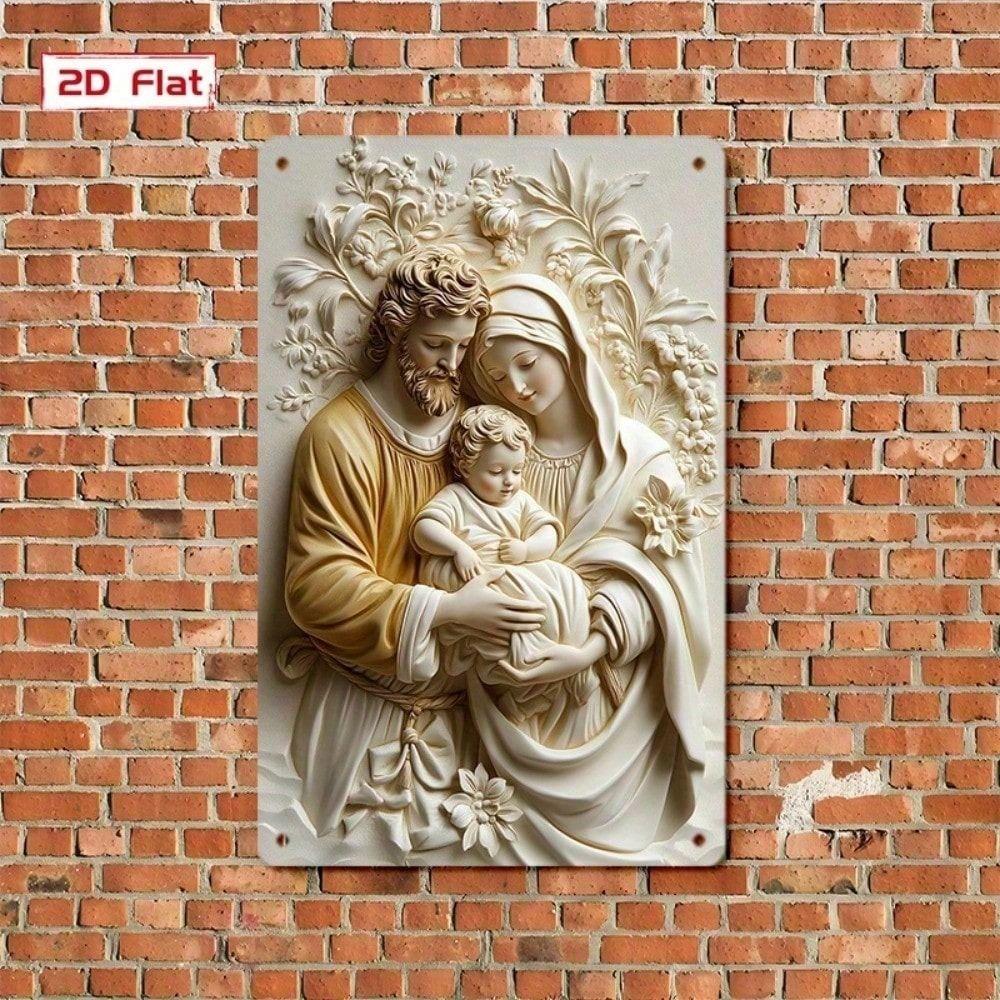 Vintage Metal Wall Art Religious Icon Poster with Flowers Home Decor
