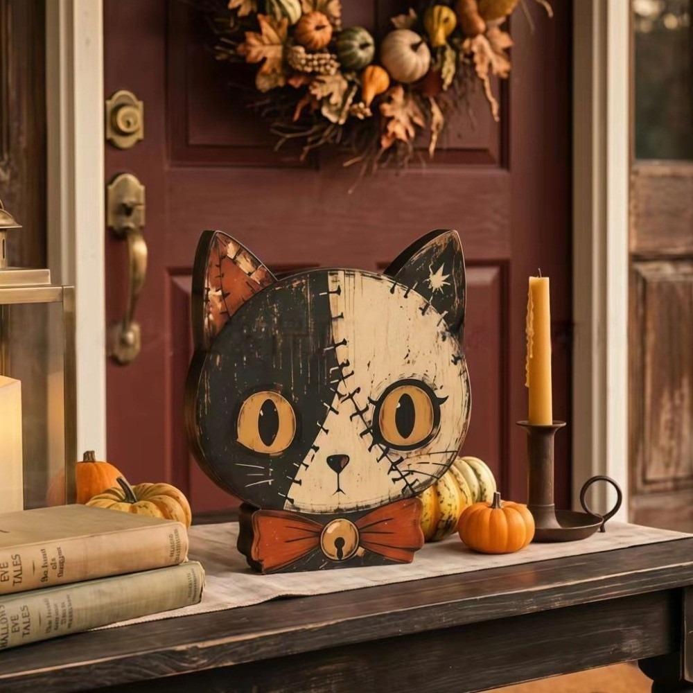 Vintage Retro Wooden Sign Ornament Unique Lightweight Patchwork Cat Decor Cute Cartoon Halloween Wooden Decor Mantel Shelf