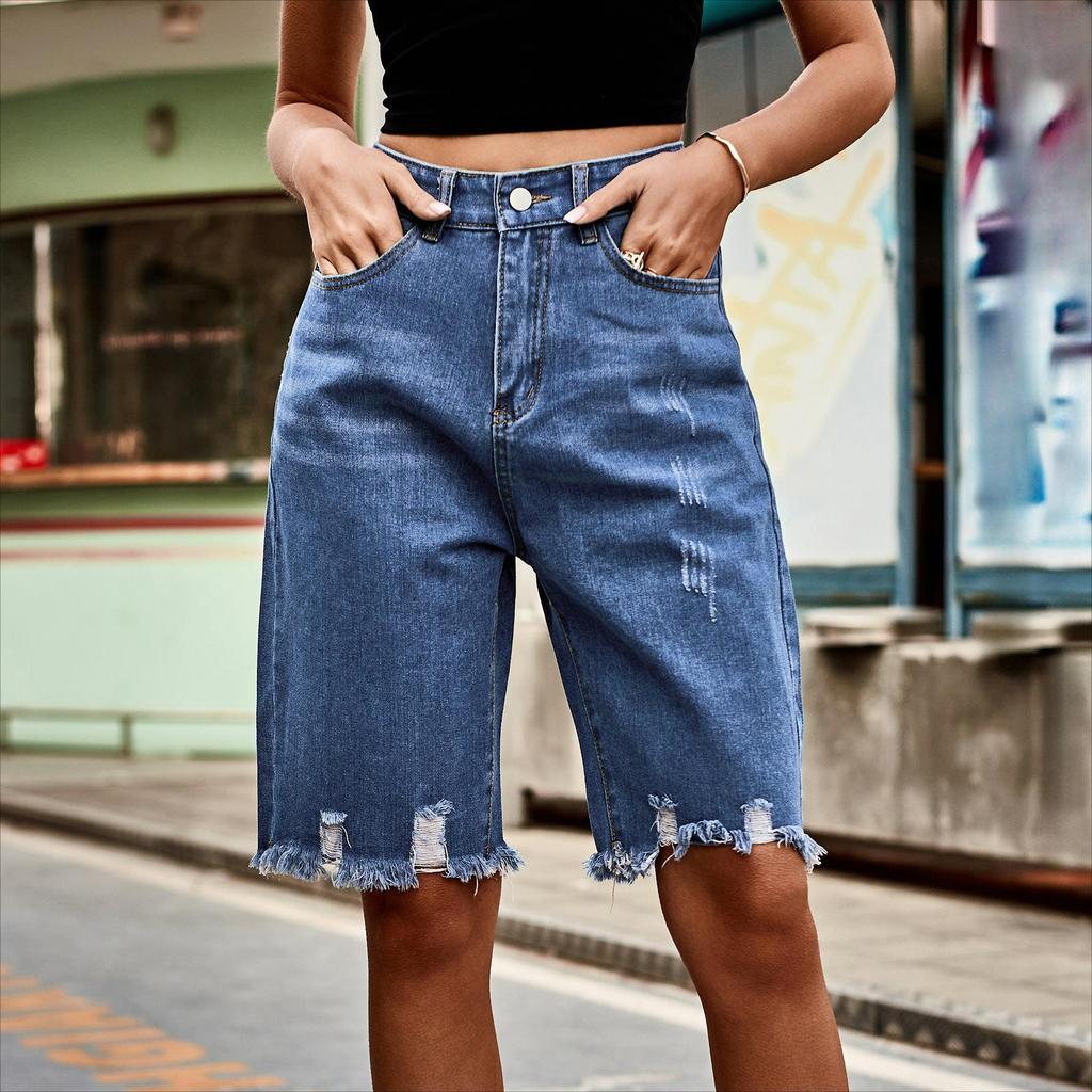 Denim Ripped Five-Point-Hose Mode Roher Saum Quaste Jeans Damen