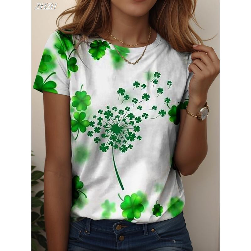 St. Patrick's Day Lucky Women's T Shirt Floral Graphic Shamrock Vintage Stylish Casual Short Sleeve Tops Daily Print Summer