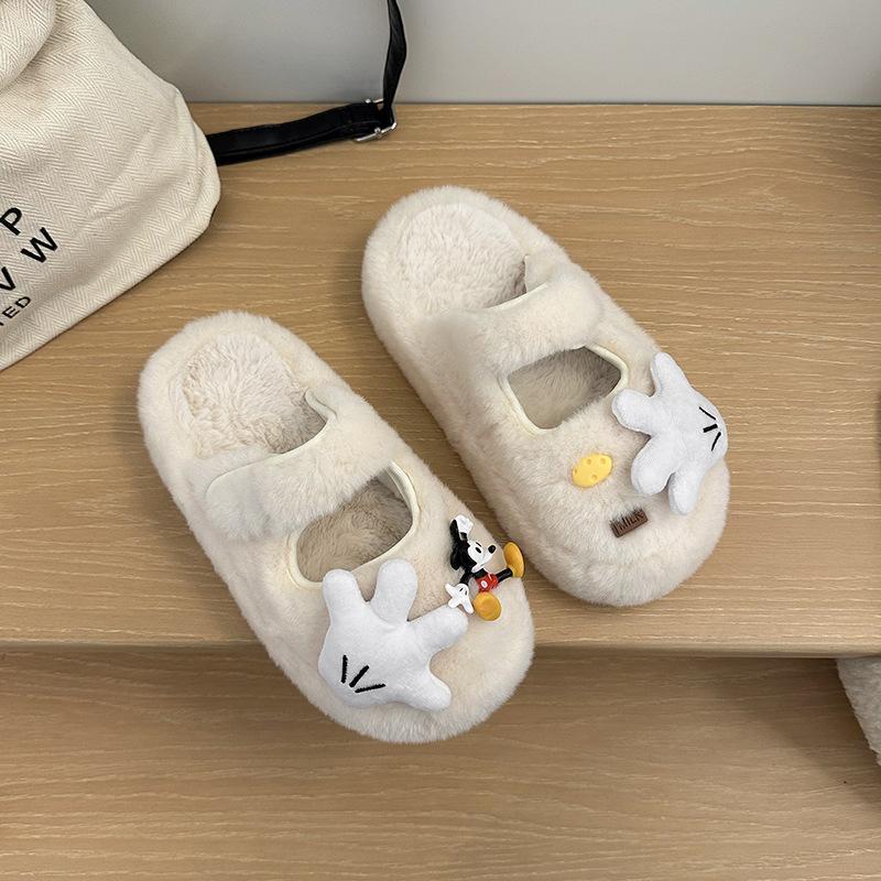 High-value Cartoon Mickey Thick-bottomed Cotton Slippers 2025 New Sweet and Cute Foreign-style Fluffy Slippers