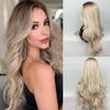 Women's Long Curly Wig, Gradient Brown To Gold, Big Waves, Fluffy Synthetic Fiber, Middle Part
