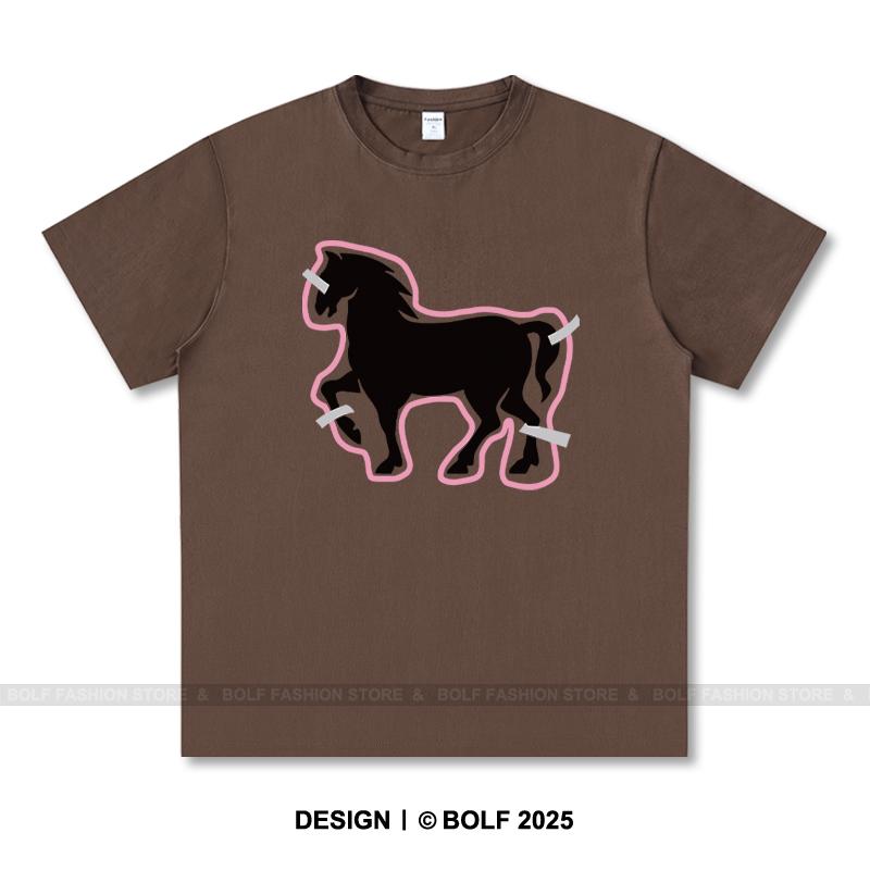 Women's Paper-Cut Art Horse Printed T-Shirt 100% Cotton Oversized Folk Graphic Tees for Men Summer Tops Cultural Streetwear