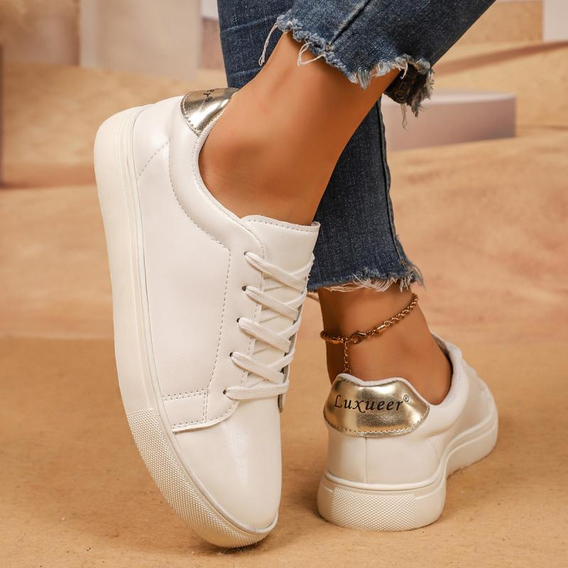 Fashion Casual Solid White Lace Up Flat Skate Shoes Women 2025 Autumn Fashion Silver Splicing Round Toe Sneakers Comfort Non Slip Shoes