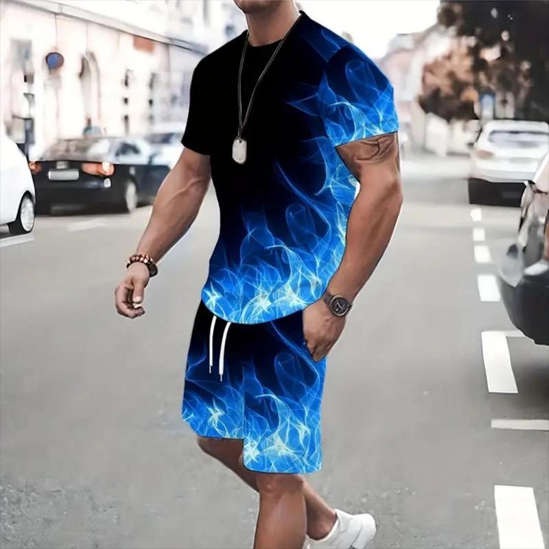 Summer Fashion Casual Men's Suit Gradient 3D Printed Sportswear Short-sleeved Suit Oversized Round Neck T-shirt Shorts 2-piece
