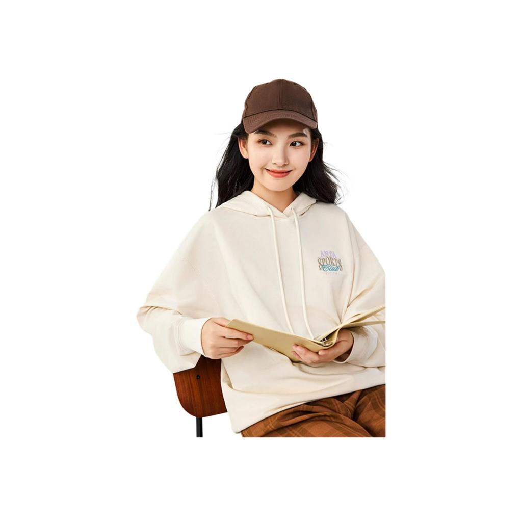 Anta Comfortable Casual Letter Print Hooded Loose Sweatshirt Women Tops Stone-White 162438705-1